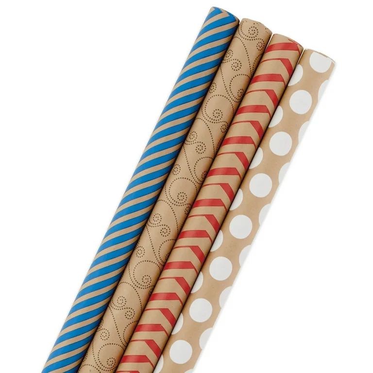 Hallmark Kraft Wrapping Paper Bundle, Kraft Brown/Red/Blue/White/Black, 4 Rolls | Walmart (US)