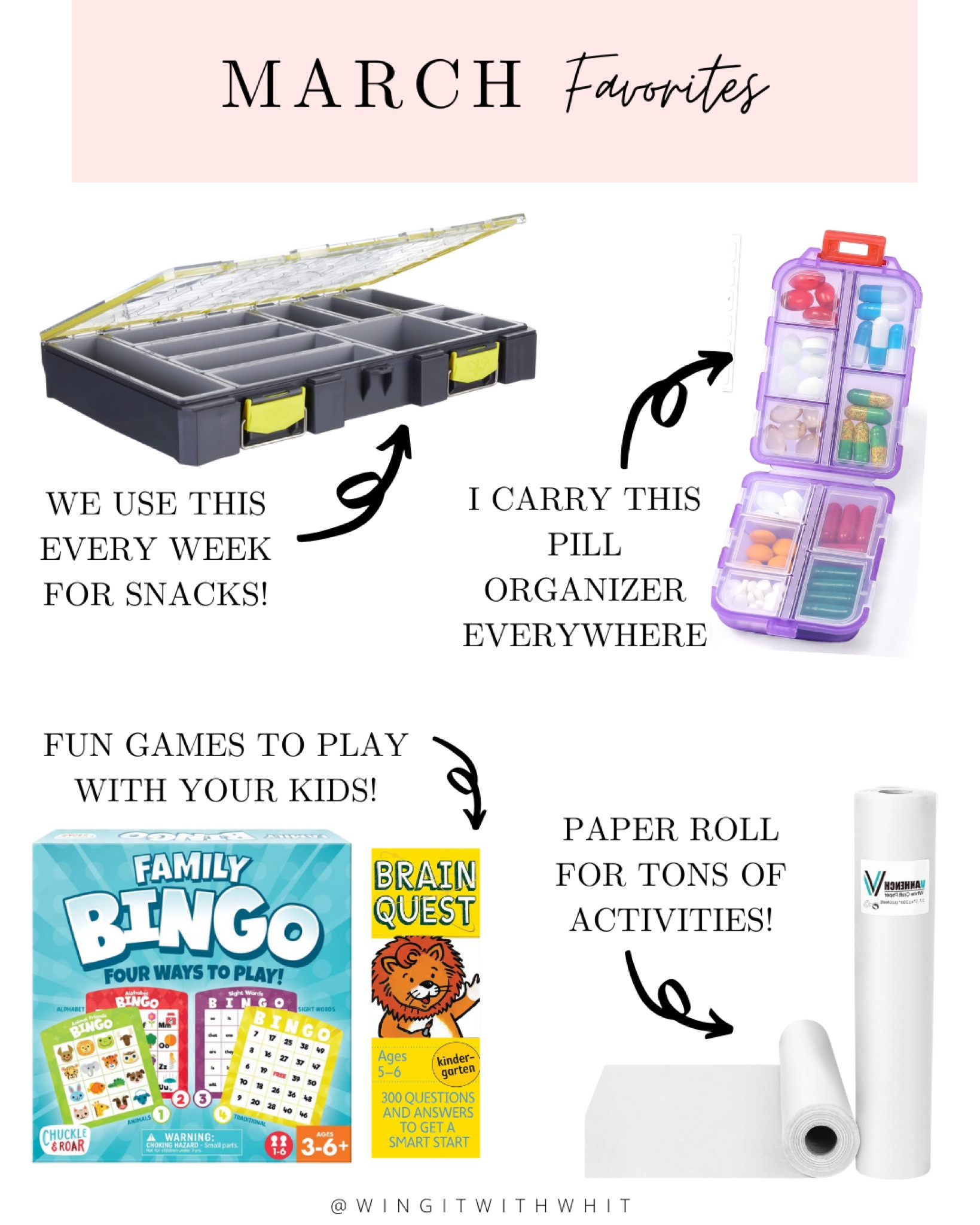 These were your favorites for the month of March!! 

We LOVE our snackle box. We take that thing everywhere (if you haven’t noticed from stories on IG 🤣) 

We also take our pill organizer almost everywhere. It’s so convenient to have.

We use our paper roll multiple times a week! It’s a great thing to have for impromptu activities! 

And last but not least—games! We play these games at least two to three times a week for our morning activities! The brain quest cards are even small enough we can take them with us for car rides! 🎉

These are all staples at our house! Which one is your favorite? 



#LTKfamily #LTKhome #LTKkids