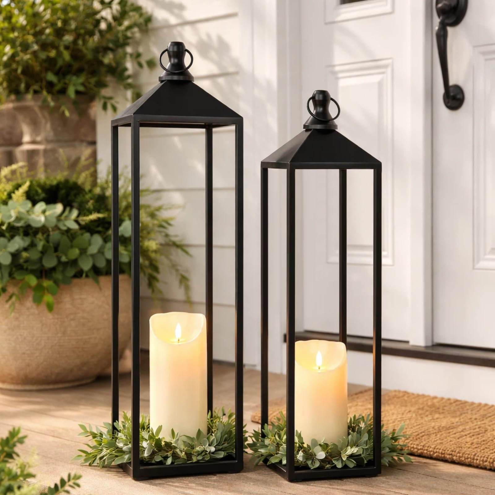 22'' 19'' Large Lanterns Decorative Outdoor Indoor, Set of 2 Black Metal Candle Lanterns Modern F... | Amazon (US)