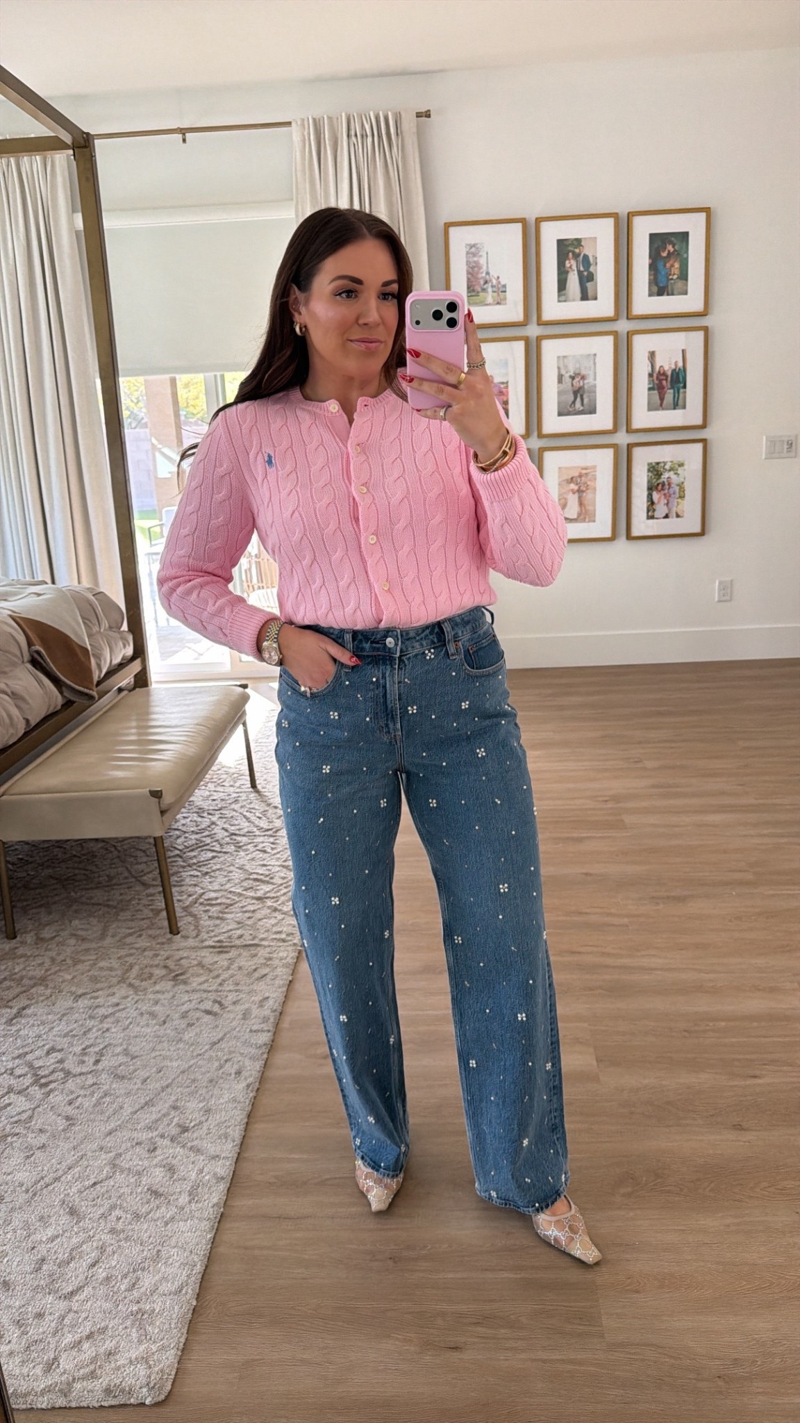 what i wore to my twins birthday party! curvy midsize winter look. wearing size large in pink cable knit cardigan and size 30 in pearl embellished denim 

#LTKMidsize #LTKSaleAlert #LTKSeasonal