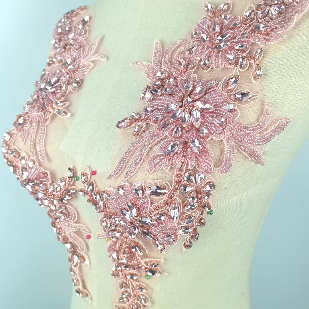 Pink Deluxe Rhinestone Applique, Crafted Florals Motif Bead Applique Pair, Crystal Florals Appliq... | Etsy (US)