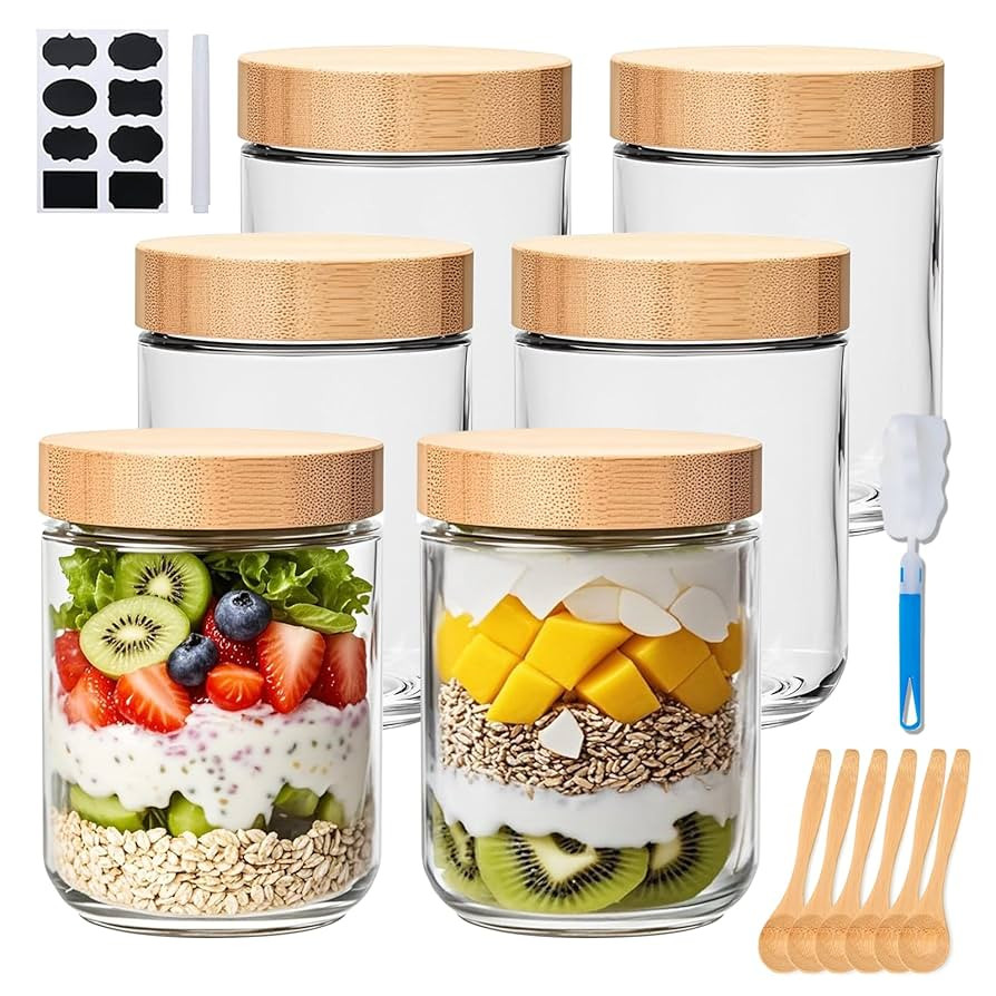 Encheng 16oz Glass Jars with Lids, Overnight Oats Containers with Bamboo Lids, Wide Mouth Glass M... | Amazon (US)