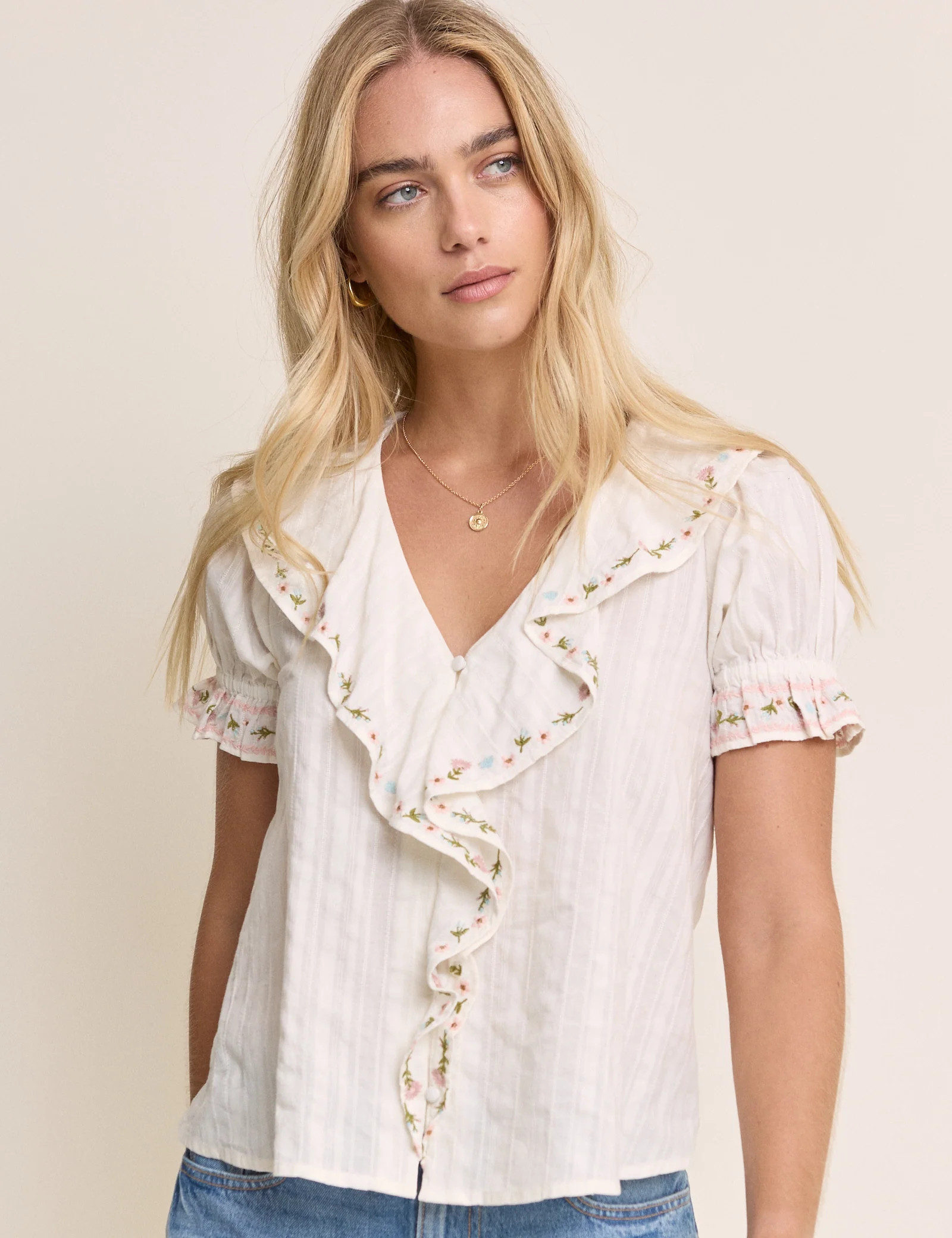White Floral Ruffle Trim Blouse | Nobody's Child