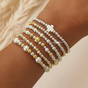 14K Gold Silver Beaded Bracelet Stack Set for Women,Dainty Bohemian Ball Non Tarnish Beads Stacka... | Amazon (US)
