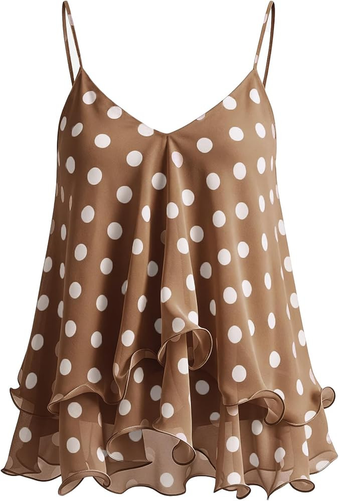Women Polka Dot Camisole Tops Ruffled Babydoll Spaghetti Strap Tank Blouses | Amazon (US)