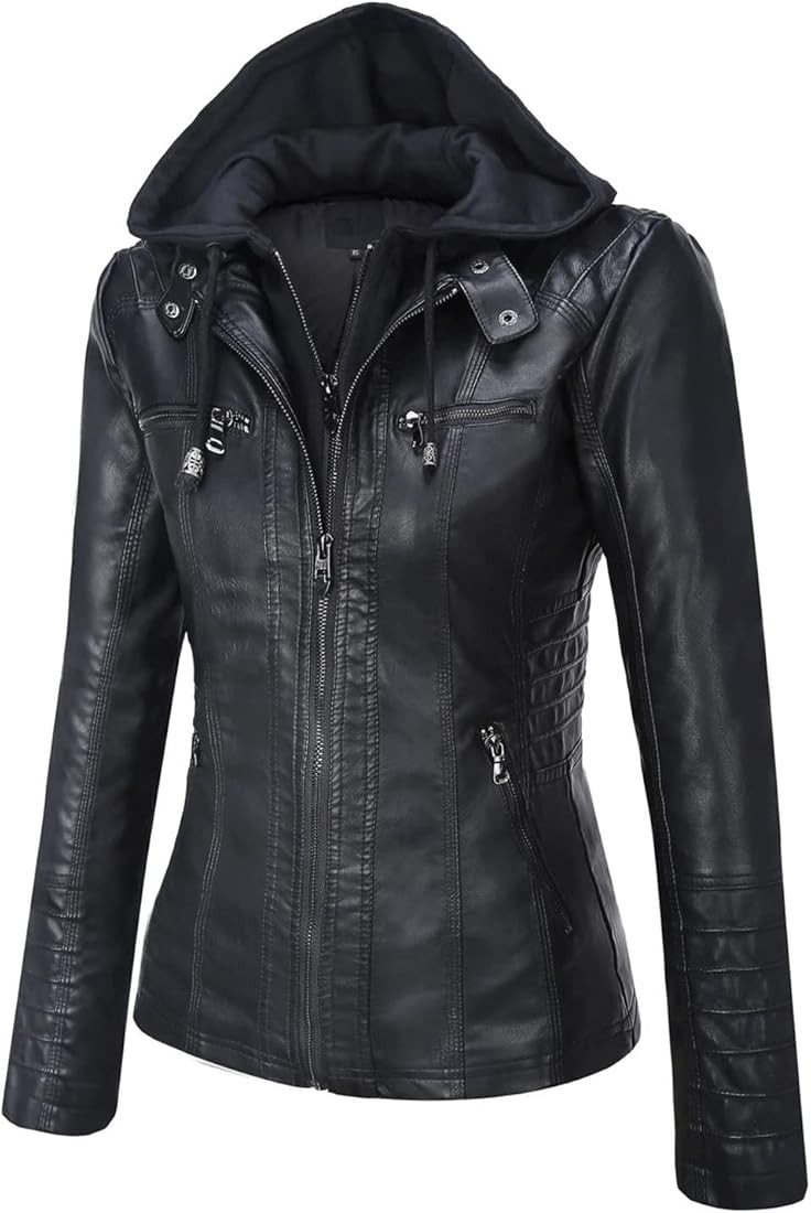 Springrain Women's Casual Stand Collar Detachable Hood PU Leather Jacket | Amazon (US)