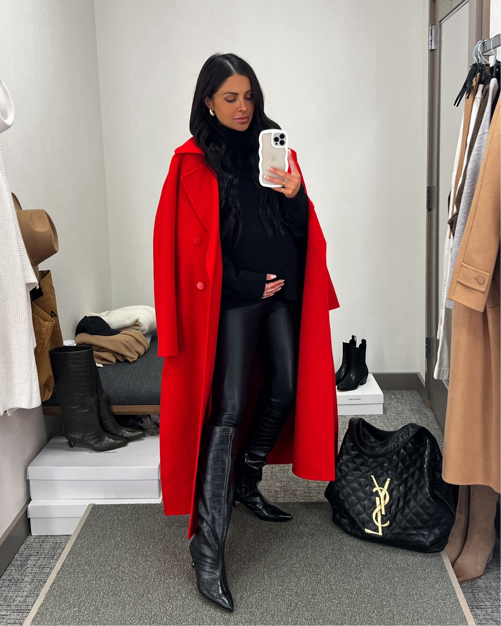 Nordstrom anniversary sale outfit / NSALE best sellers
Reiss red wrap coat
AllSaints black sweater
Commando faux leather leggings 
Nordstrom croc boots  

#LTKShoeCrush #LTKSummerSales #LTKxNSale