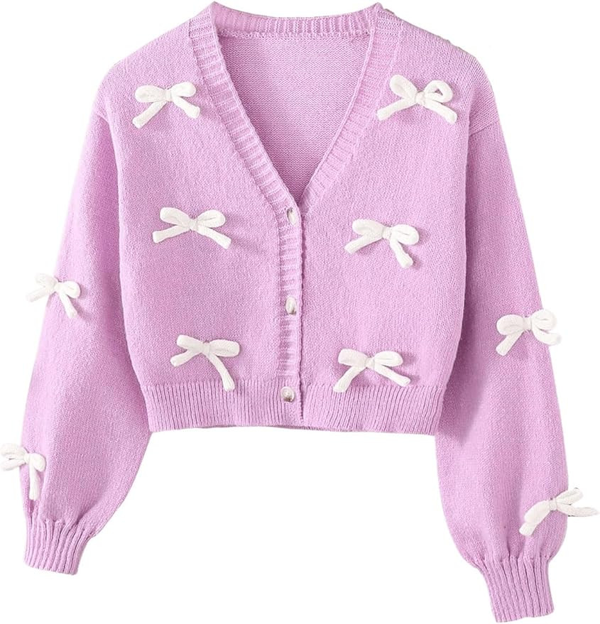 MakeMeChic Girl's 3D Bow Long Sleeve V Neck Button Down Cardigan Sweater Knitted Outerwear | Amazon (US)