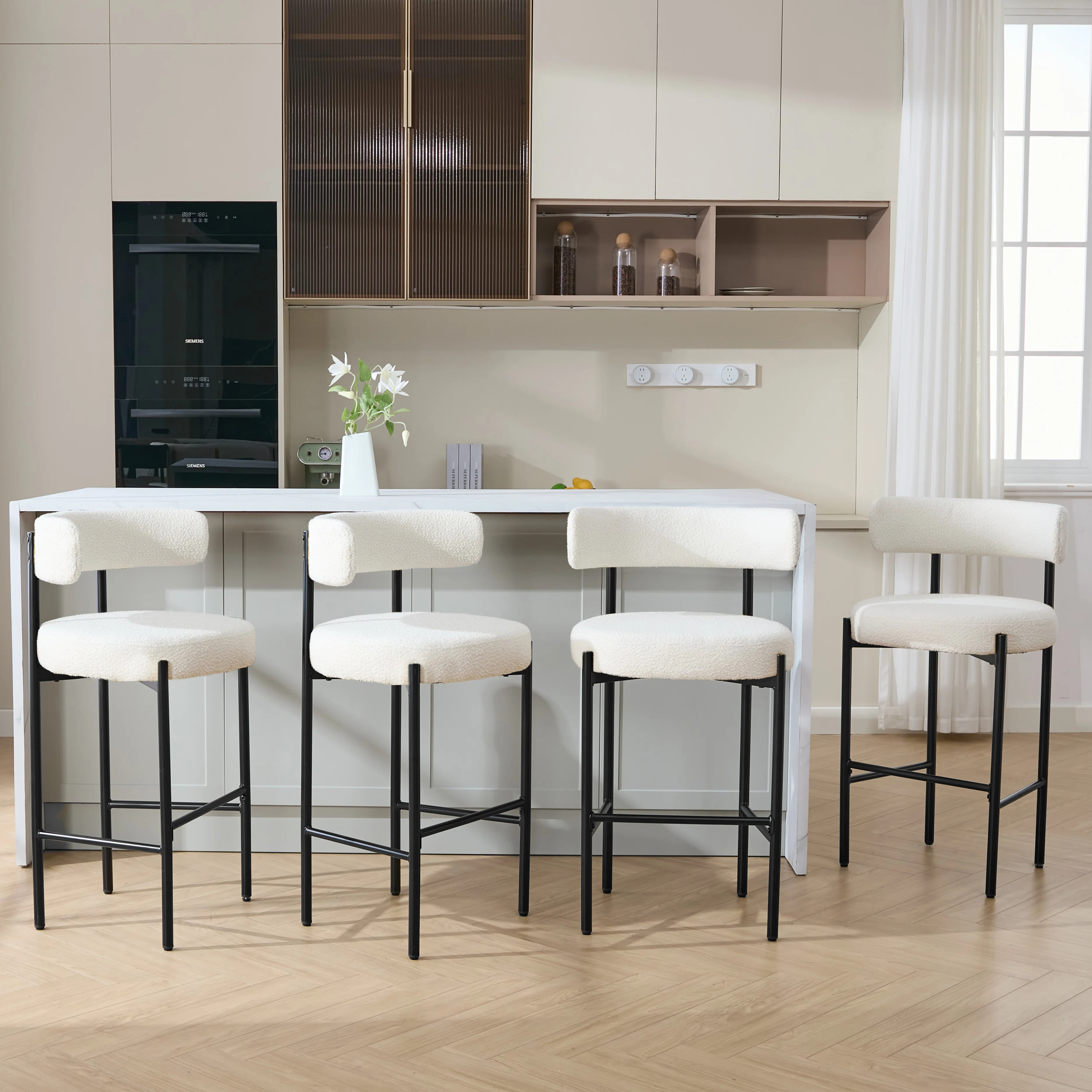 30" Boucl\u00e9 Upholstered Bar Stool with Curved Back and Metal Frame | Wayfair North America