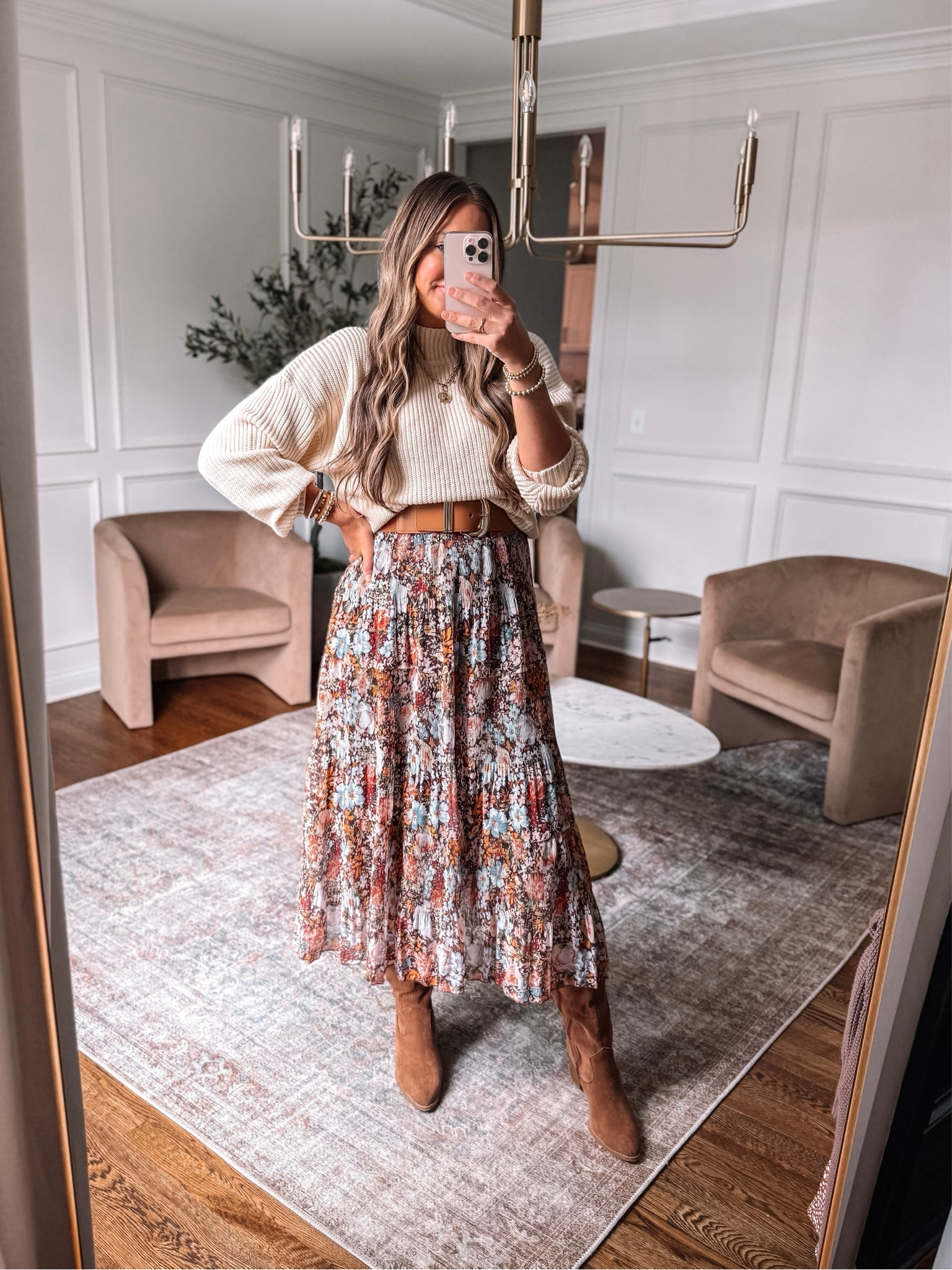 The perfect fall skirt outfit from Amazon! Thanksgiving outfit, sweater and skirt, boots, belt 

#LTKStyleTip #LTKHoliday #LTKSeasonal