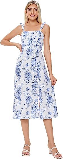 SOLY HUX Womens Floral Midi Dress Square Neck Summer Boho Dresses Fitted Sundress with Slit | Amazon (US)