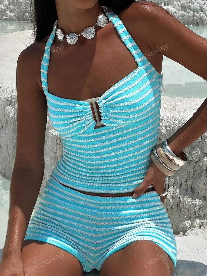 2pcs/Set Women Striped Crochet Halter Crop Top And Shorts Set | SHEIN
