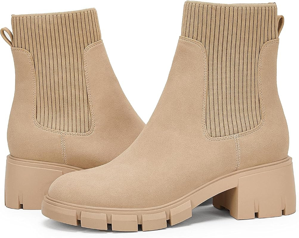 Womens Platform Lug Sole Chelsea Ankle Boots Slip On Chunky Block Heel Elastic Combat Booties | Amazon (US)