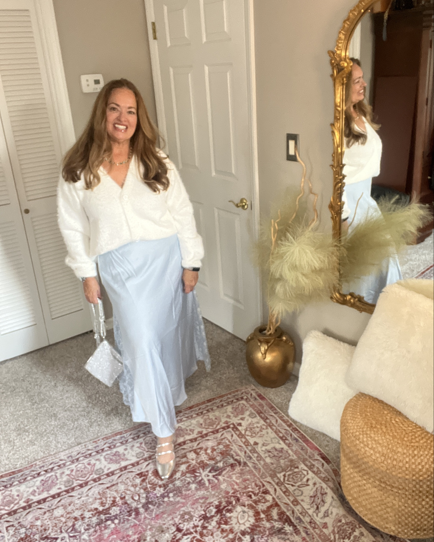 Satin midi skirt with lace panels. 

#LTKMidsize #LTKgrwm #LTKWorkwear