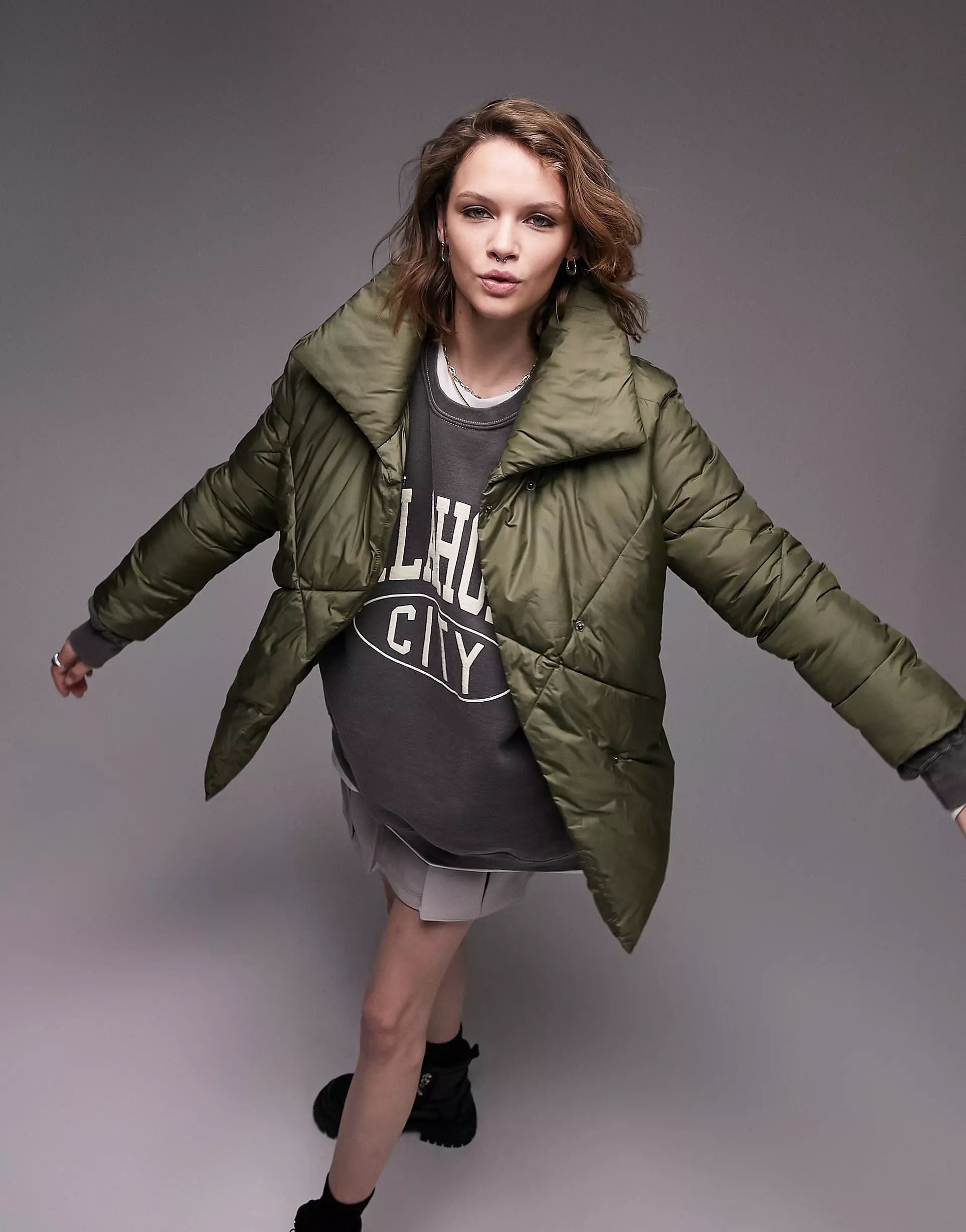 Topshop mid length tie belted puffer jacket in forest green | ASOS (Global)