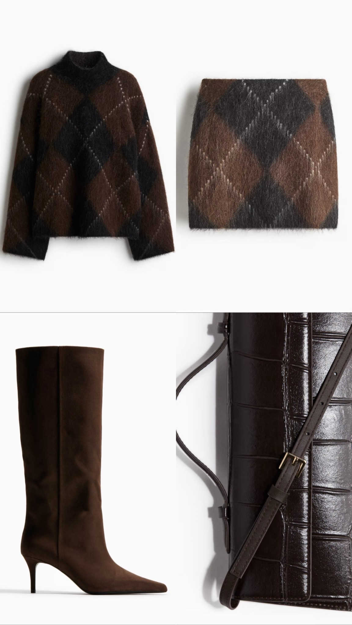 This H&M fall co-ord is everything 🤎🍂 Cozy argyle sweater + mini skirt, paired with knee-high boots and a chic dark brown croc-effect bag. The perfect mix of retro + modern — stylish, warm, and so wearable this season. Add these pieces to your fall wardrobe now before they sell out!

🔎 fall outfit, fall fashion, autumn style, H&M, argyle sweater, mohair sweater, brown mini skirt, argyle skirt, knee-high boots, brown boots, croc effect bag, fall co-ord, fall matching set, chic style, stylish outfit, wardrobe essentials

#LTKStyleTip #LTKOver40 #LTKSeasonal