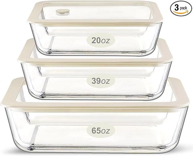 Glass Food Container Set with Glass Lid, Large Size 3 Pack, Glass Food Storage Containers with Si... | Amazon (US)