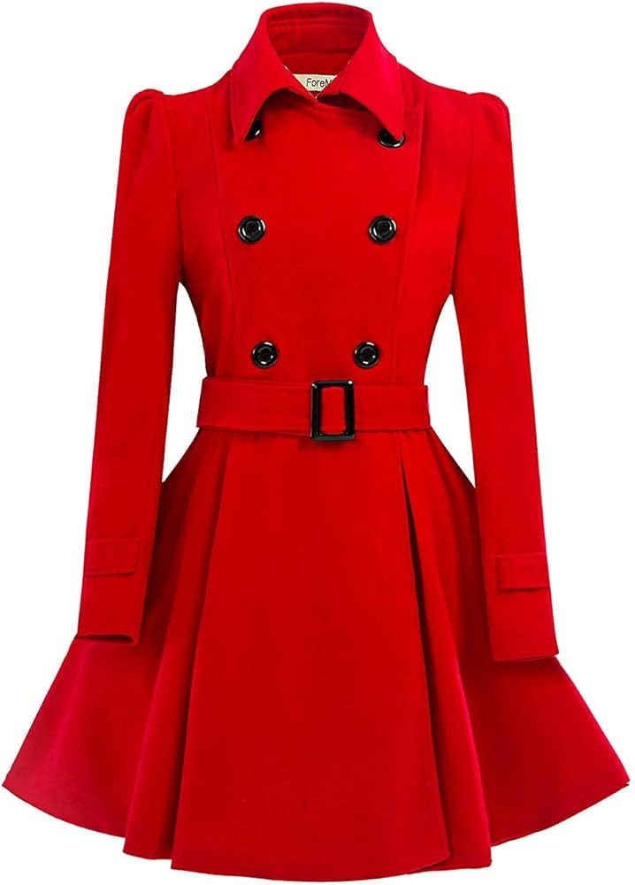 ForeMode Women Swing Double Breasted Wool Pea Coat with Belt Buckle Spring Mid-Long Long Sleeve L... | Amazon (US)