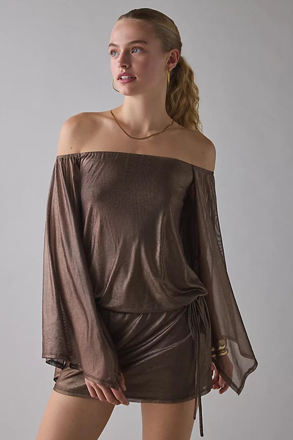 Urban Outfitters UO Bisou Metallic Mesh Bell Sleeve Off-The-Shoulder Mini Dress in Bronze, Women's at Urban Outfitters | Urban Outfitters (US and RoW)