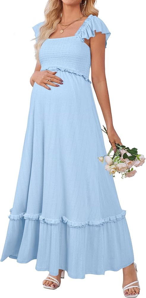 OUGES Womens 2026 Summer Maternity Photoshoot Dress Boho Maxi Smocked Baby Shower Dress Ruffle Sl... | Amazon (US)