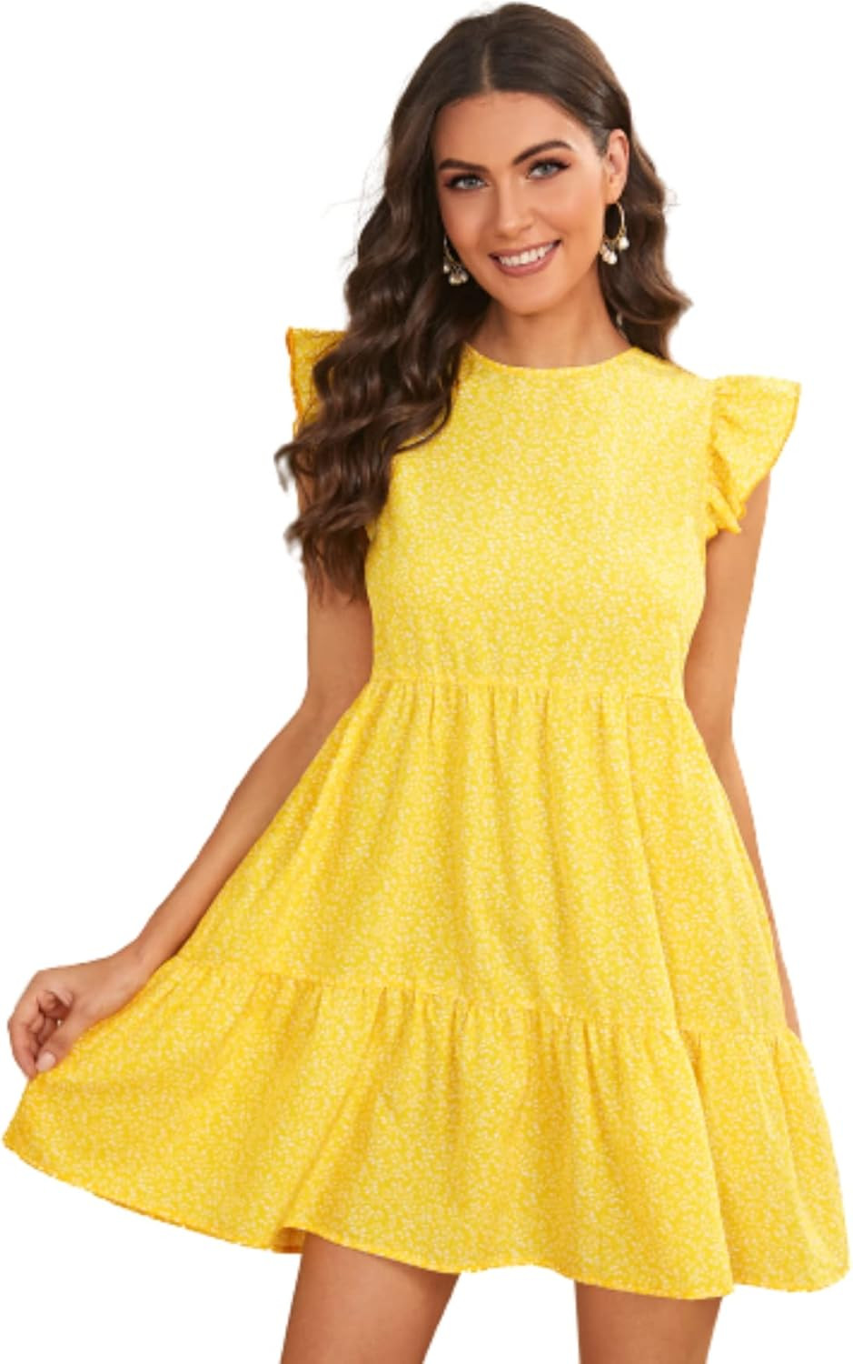 Floerns Women's Casual Printed Ruffle Flutter Sleeve Swing Tiered Dress Yellow S at Amazon Women... | Amazon (US)