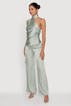 Satin Ruched Scarf Neck Asymmetrical Blouse | Rainbow Shops