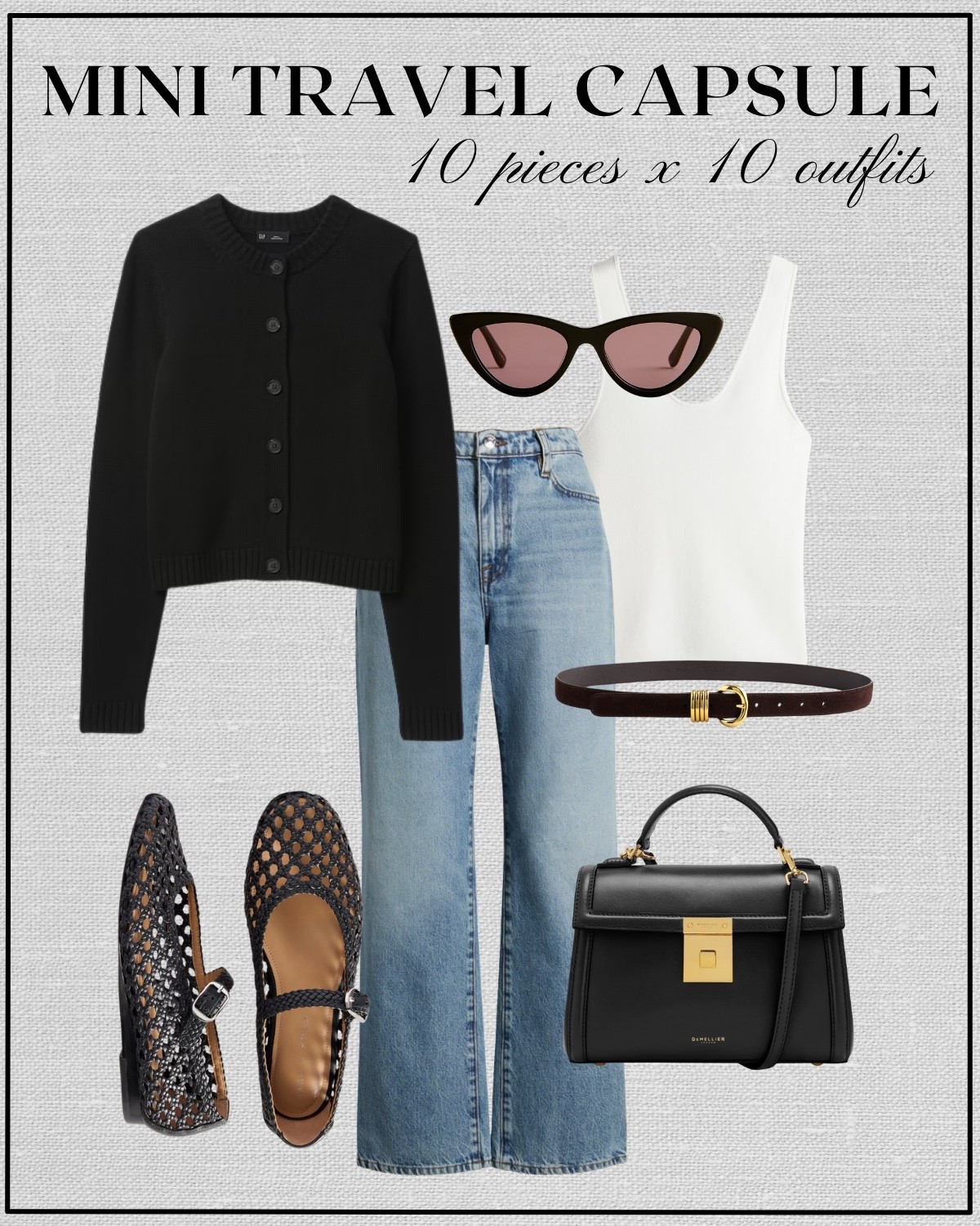 10x10 mini travel capsule: Paris edition 

Black cardigan / white cami / light blue wash wide leg jeans / black ballet flats / minimal belt / black purse / sunglasses / smart casual / elevated style / france 

#LTKStyleTip #LTKTravel