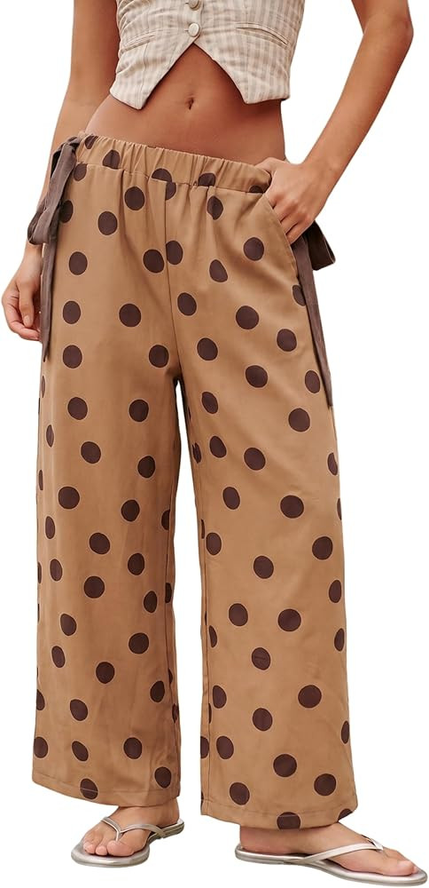 Gozoloma Women's Polka Dot Wide Leg Pants Elastic Waist Side Tie Contrast Detail with Pockets Cas... | Amazon (US)