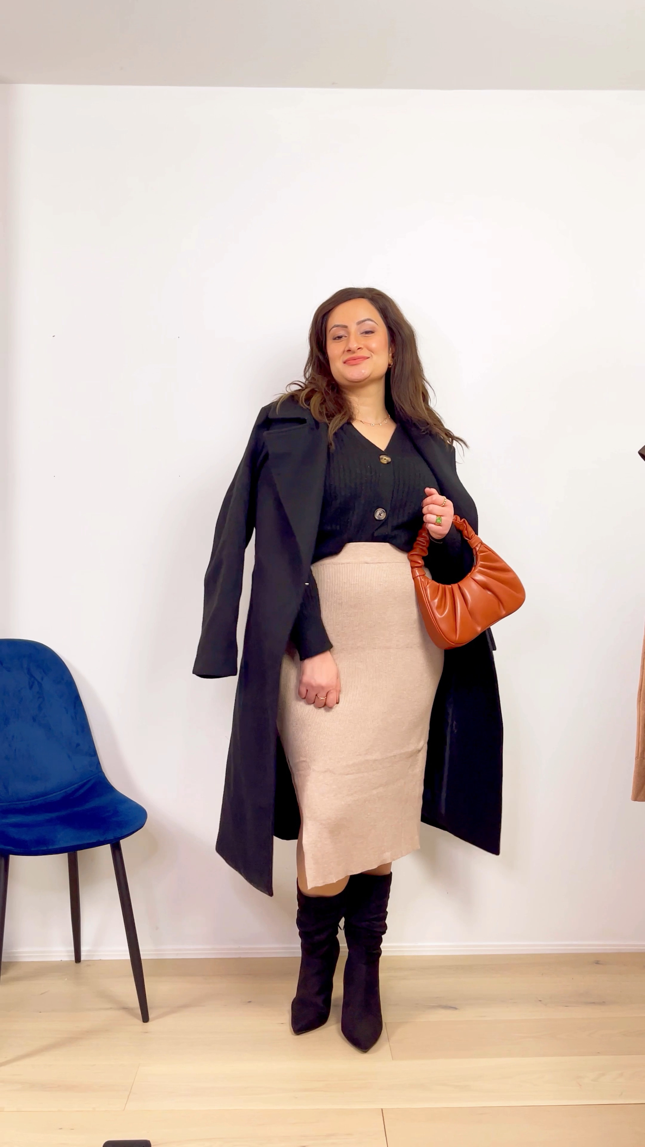 Winter Workwear classic chic outfit from Amazon fashion. Cropped cardigan, ribbed skirt, coat, boots, swarovski evil eye necklace, mid ankle boots, ruched purse. 

#LTKSeasonal #LTKunder100 #LTKworkwear