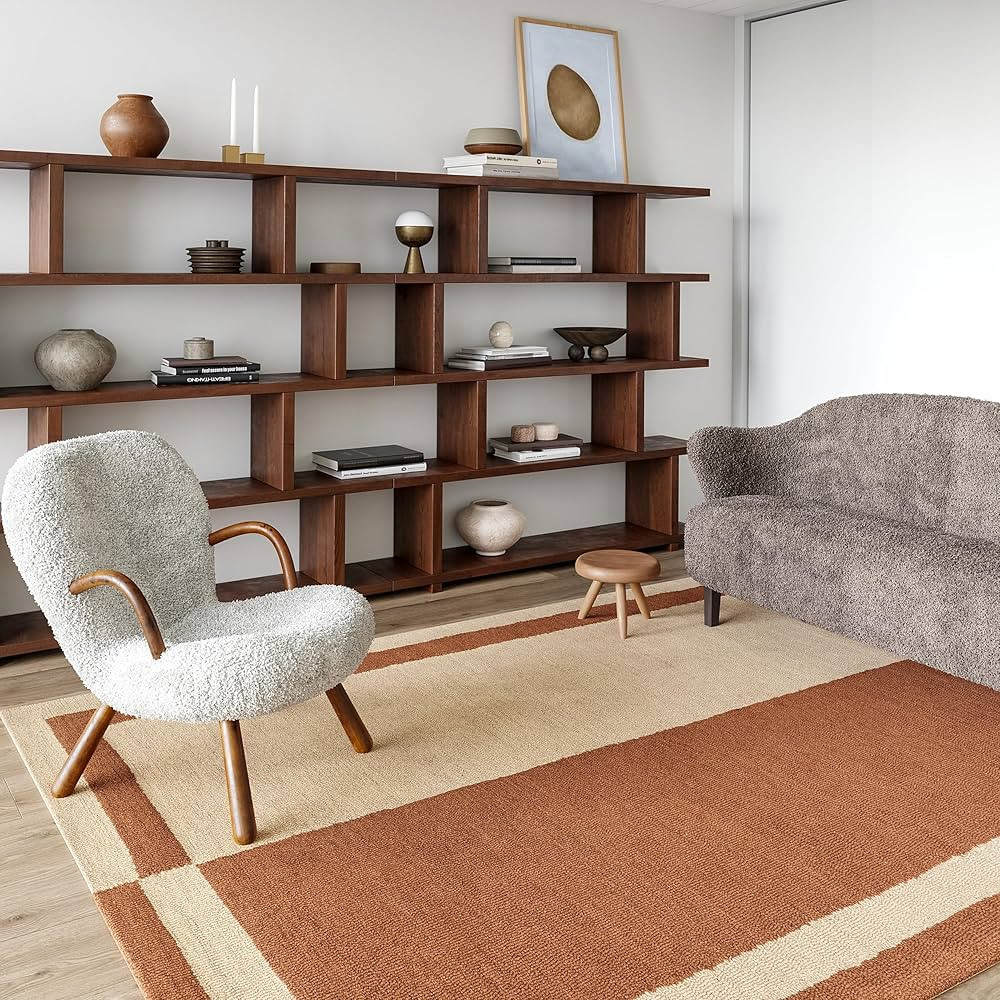 Rugs USA x Arvin Olano Gino Two-Tone Bordered Wool Area Rug, 9' x 12', Rust | Amazon (US)