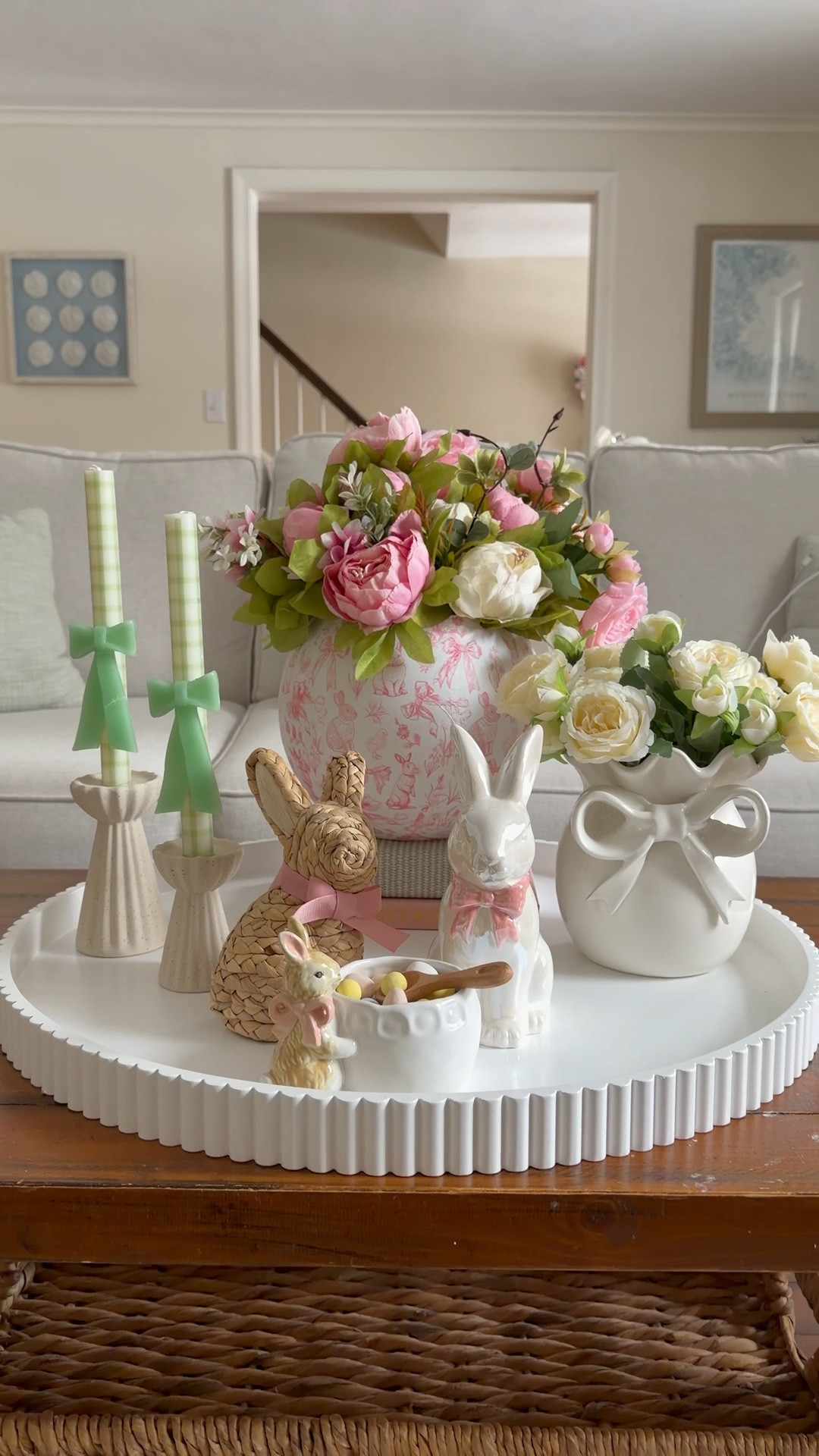 I couldn’t get over how cute these bunny and bow napkins were and I made a vase out of them by using some mod podge and a bubble vase. These gingham candles are also a favorite for spring along with the bow vase and this bunny with the pink bow is a new favorite as well🐰

#LTKHome #LTKSeasonal