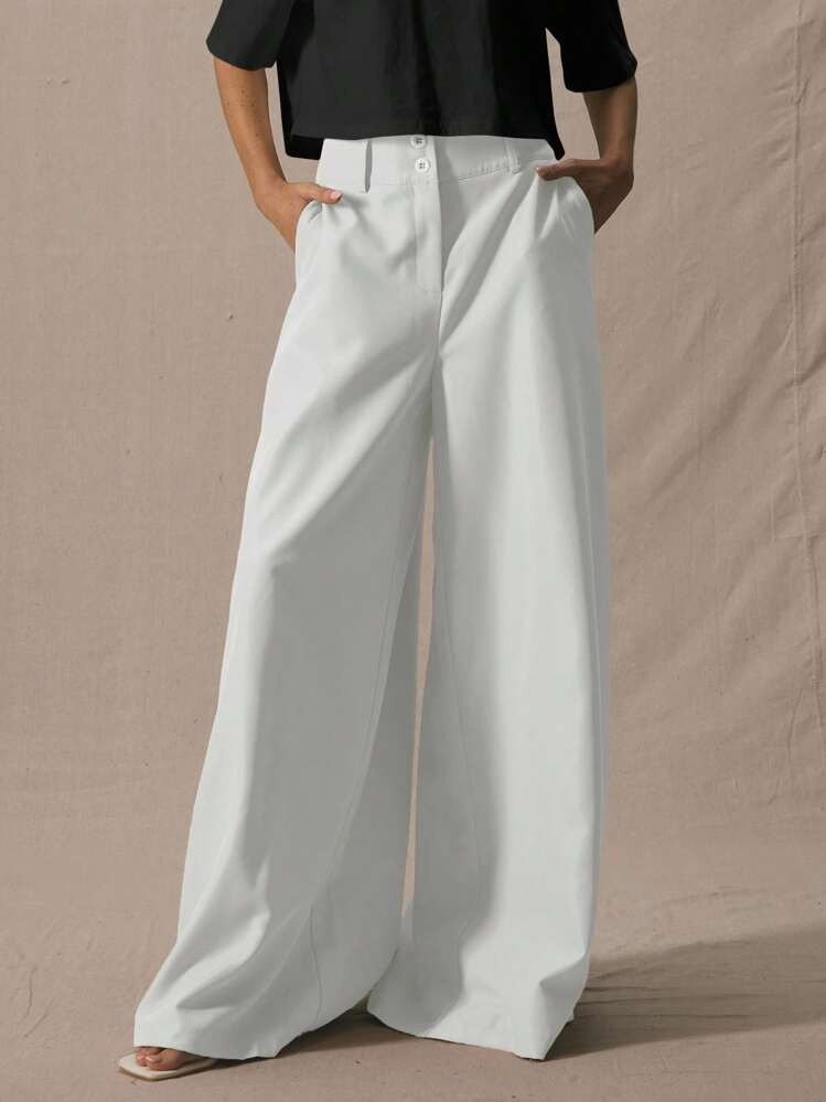 MUSERA Tailored Extreme Wide Leg Trousers Deep Waistband Elegant Professional Business Casual Vacation Fall Winter Autumn Work Office Old Money Date Night Going Out Back To School Wedding Guest Christmas Suit Tailored Cute Brunch | SHEIN