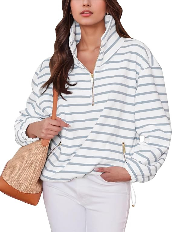 OLAPTA Women Striped Half Zip Up Stand Collar Sweatshirt Stripes Quarter Zipper Long Sleeve Overs... | Amazon (US)