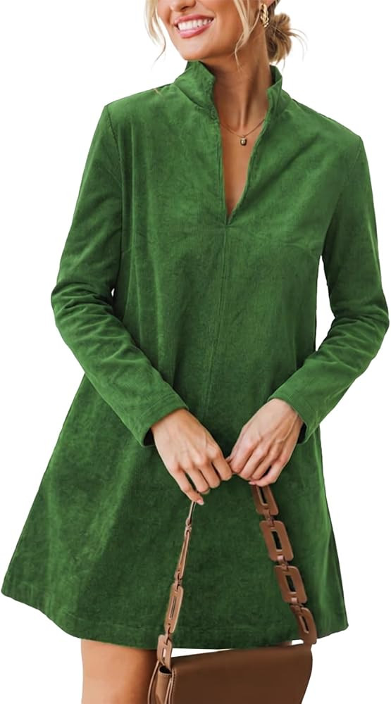 EZAPINE Women Corduroy Dress V Neck Long Sleeve Casual Vintage Retro A Line Mini Dresses | Amazon (US)