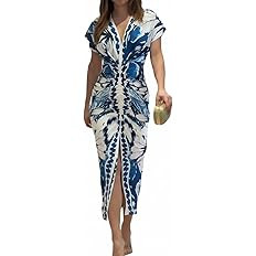 CHICME Summer Dresses for Women Floral Print Plunge V Neck Midi Dress Casual Ruched Slit Bodycon ... | Amazon (US)