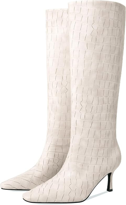 Knee High Boots for Women Wide Calf Square Toe Kitten Low Heel Crocodile Boots Pull on Tall Boots... | Amazon (US)