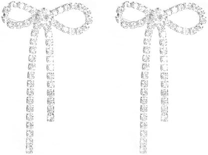 Bow Earrings for Women Rhinestone Long Tassel Earrings Ribbon Bow Drop Earring Silver Stainless S... | Amazon (US)