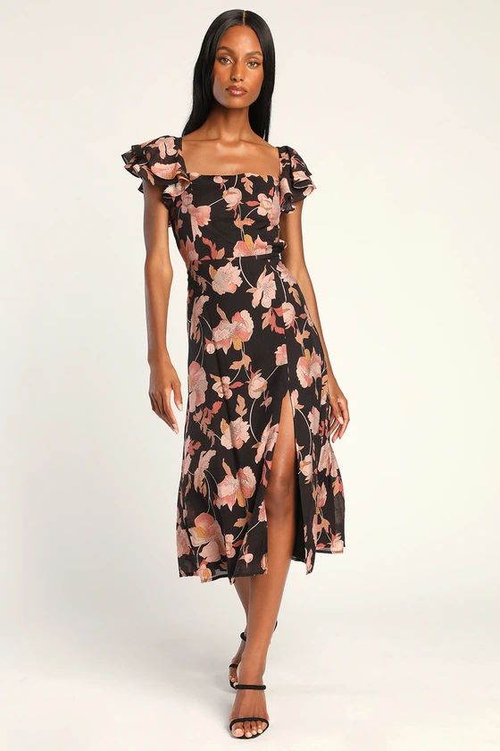 Precious Petals Black Floral Print Tie-Back Midi Dress | Lulus (US)