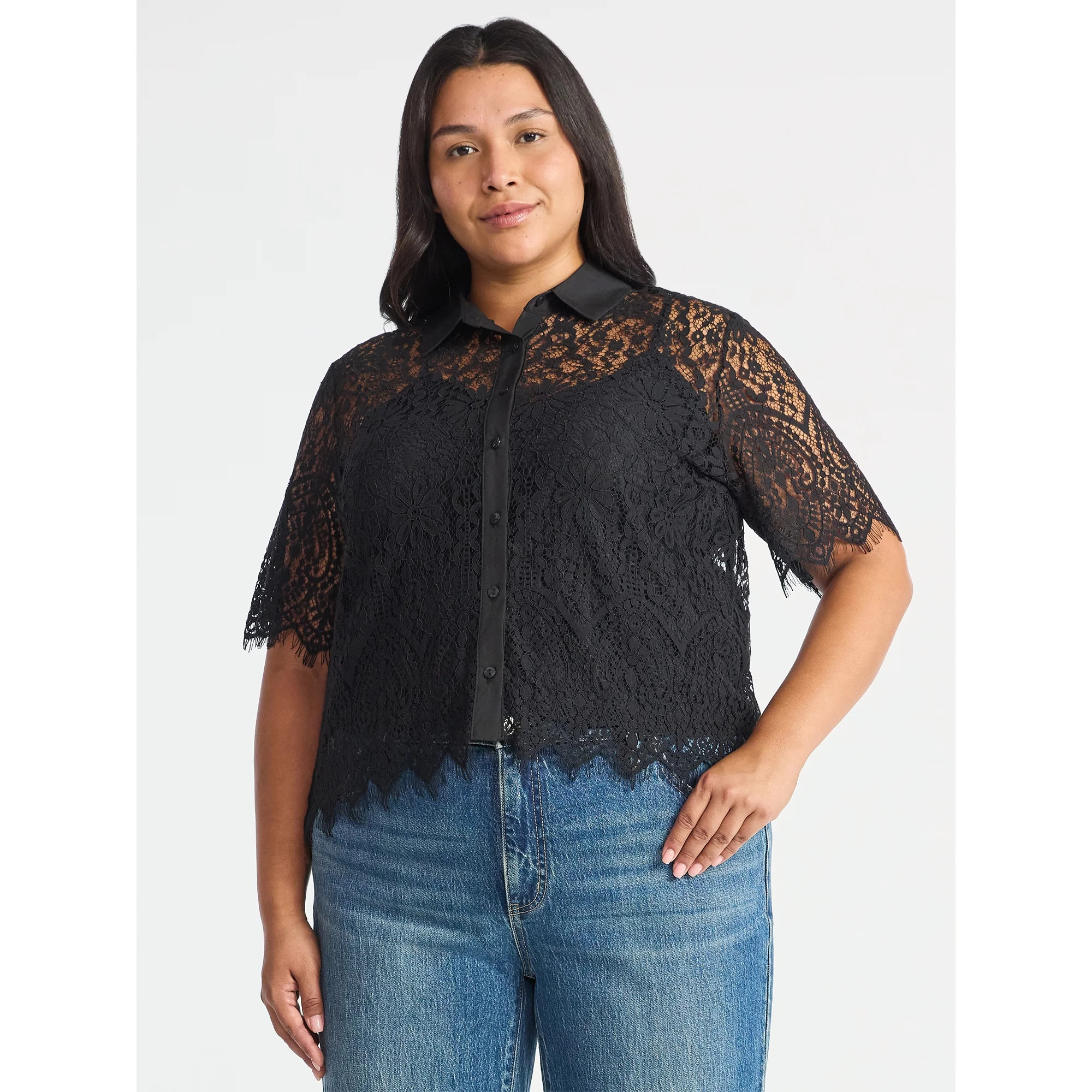 Time and Tru Women's Button Up Lace Blouse with Short Sleeves, Sizes XS-XXXL | Walmart (US)