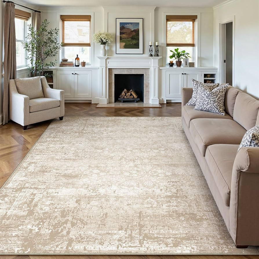 8x10 Washable Area Rug Beige Cream Modren Neutral Living Room Bedroom Indoor Carpet Floral Non Sl... | Amazon (US)