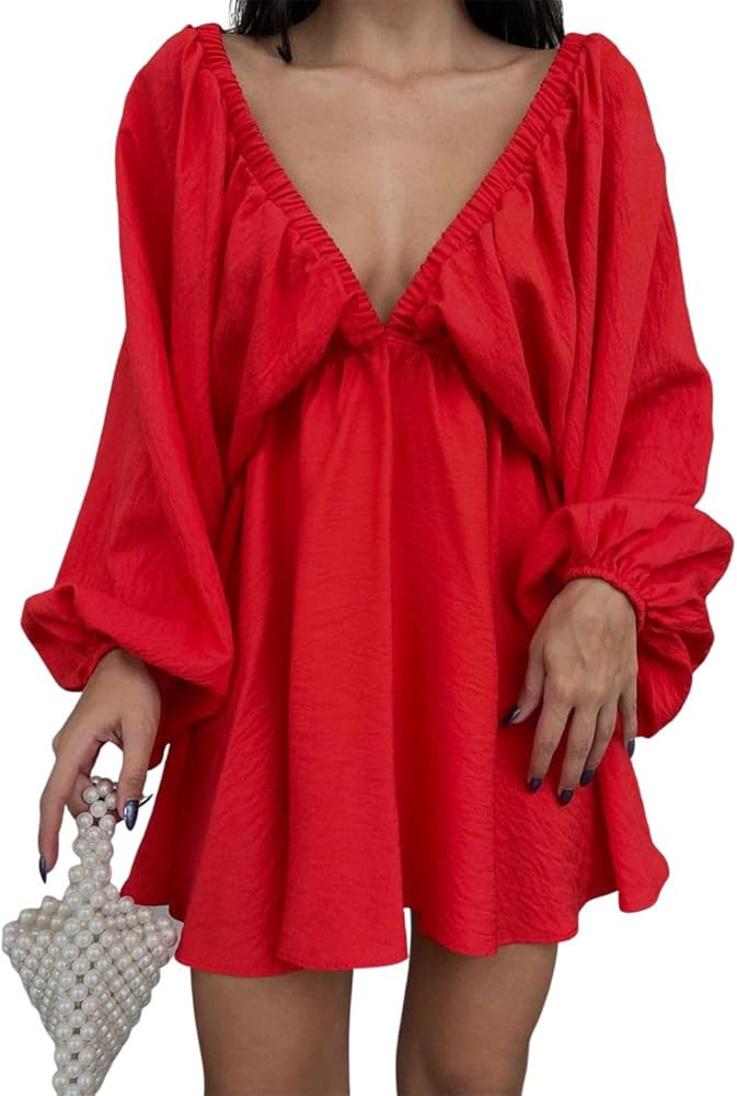 LOFAAC Women Sexy Deep V Neck Puff Long Sleeve Mini Dress Backless High Waist Ruffle Short Dress ... | Amazon (US)