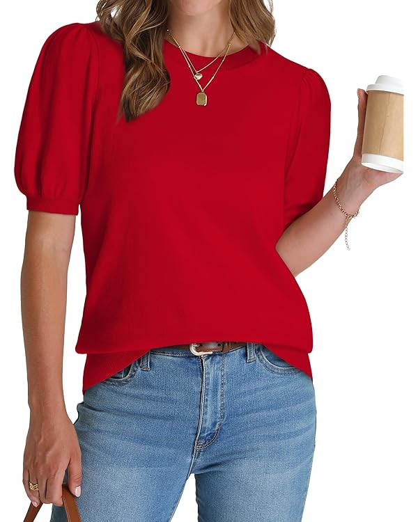 WIHOLL Women's Puff Short Sleeve Sweater 2025 Spring Summer Tops Trendy Business Causal Outfits W... | Amazon (US)