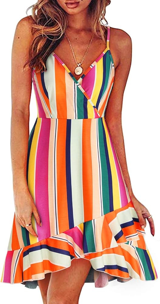 ULTRANICE Womens Summer Floral Wrap V Neck Adjustable Spaghetti Casual Ruffle Dress | Amazon (US)