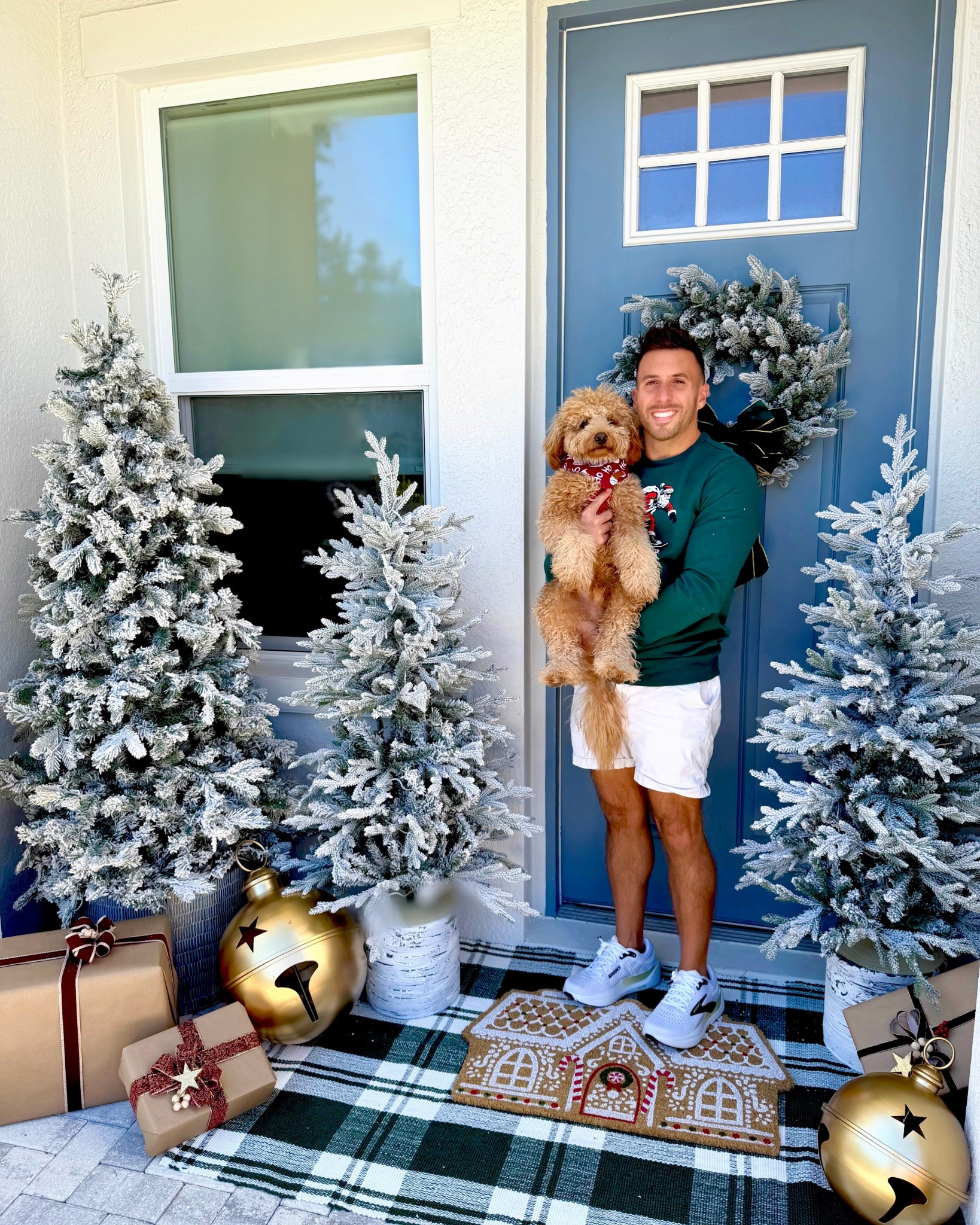 Holiday Patio Decor

We decorated the front porch with flocked Christmas trees, oversized gold jingle bells, a flocked wreath, green plaid outdoor rug, + gingerbread house doormat.

My husband's Christmas sweater is on SALE!

Christmas tree, Christmas decor, Christmas patio, Christmas porch, Christmas doormat, holiday porch decor, front door wreath, Santa sweater, checkered rug 

#LTKHome #LTKHoliday #LTKSaleAlert