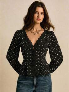 Poéselle Women's V-Neck Lace Patchwork Long Sleeve Polka Dot Waist Shirt, Western Tops Women, Po... | SHEIN