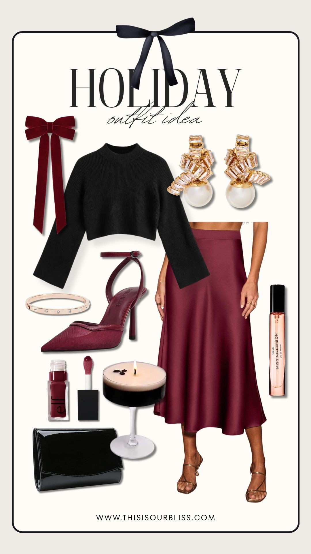 Holiday party outfit ideas ✨🎄☕️
Deep red satin skirt (Target), black sweater (Cupshe), rose-gold + pearl earrings, Kate Spade bangle bracelet, burgundy red heels, matching velvet  bow, black clutch, and the perfect deep-red ELF lipstick. A simple, feminine, chic, and festive holiday party look. Perfect for Christmas parties, date nights, and winter events!

#LTKGiftGuide #LTKHoliday #LTKSaleAlert