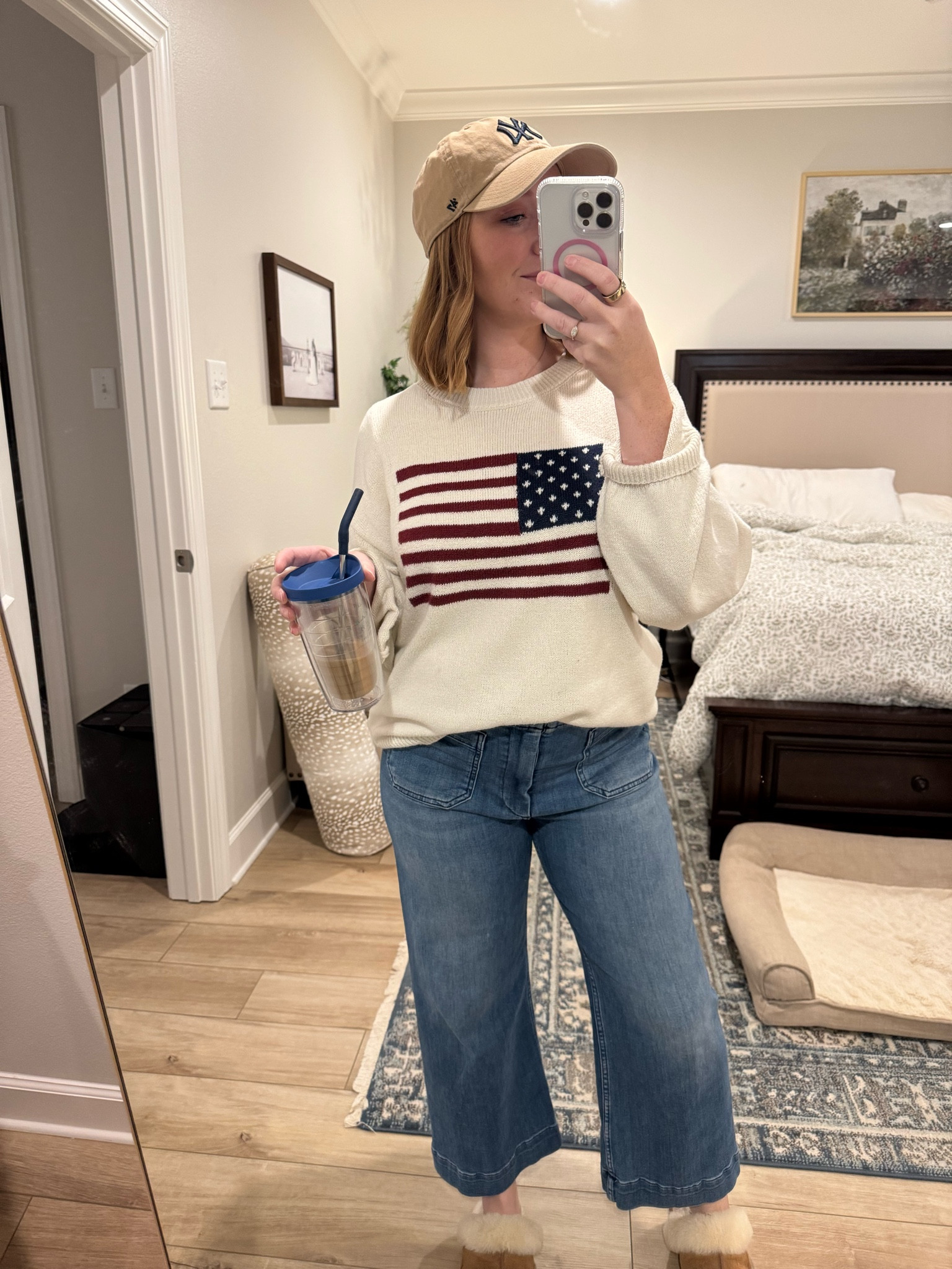 A comfy, patriotic, work from home fit. Complete with the BEST jeans! 

Wearing a Large on the sweater and a 28 in the jeans! 

#LTKHoliday #LTKCyberWeek #LTKFindsUnder100