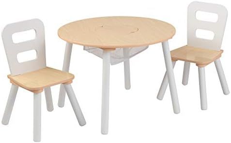 Amazon.com: KidKraft Wooden Round Table & 2 Chair Set with Center Mesh Storage - Natural & White,... | Amazon (US)