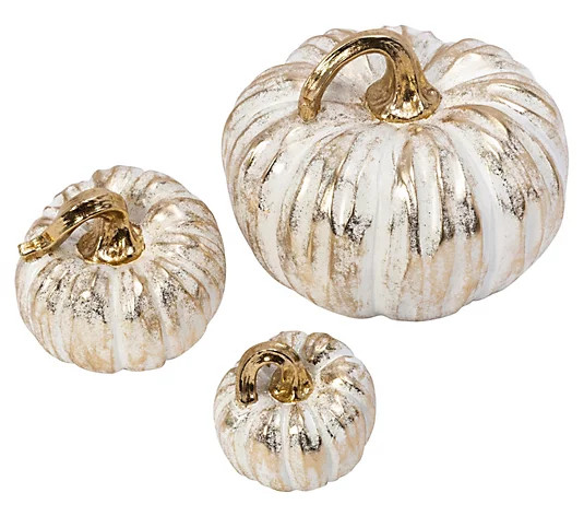 Set of 3 white washed gold pumpkins, three size s by Gerson Co - QVC.com | QVC