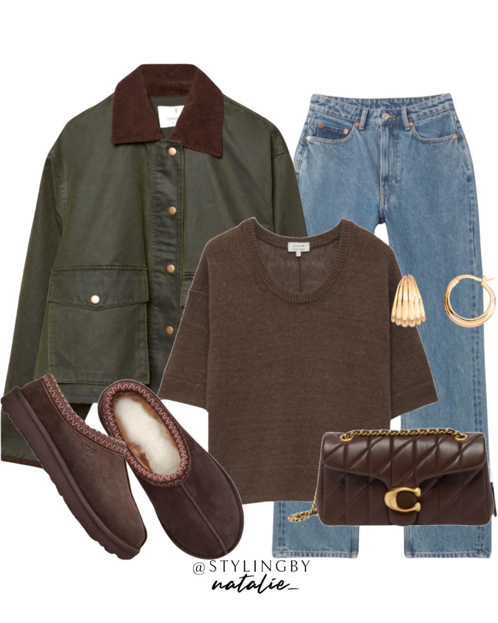 Short green parka jacket with brown collar, scoop neck linen T-shirt, high waist jeans, Ugg Tasman slippers, coach tabby chain shoulder bag. Autumn outfit, fall outfit, fall fashion, jackets, coats, transitional outfit, everyday look.

#LTKshoes #LTKstyletip #LTKautumn